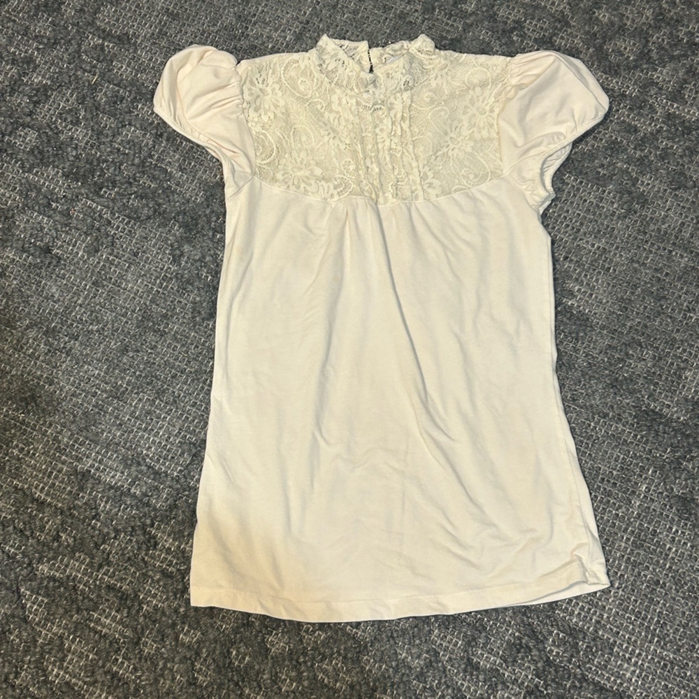 Cream Mock Neck Lace Top with Puff Sleeves